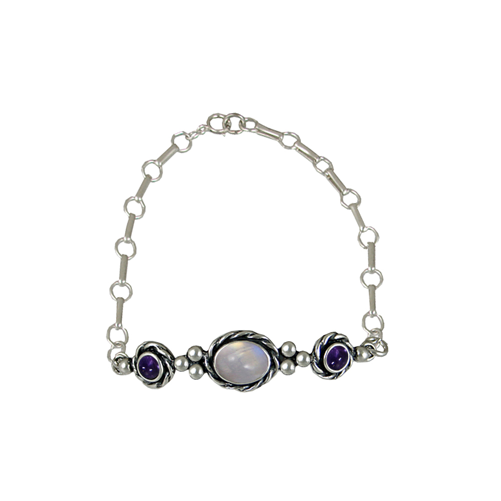 Sterling Silver Gemstone Adjustable Chain Bracelet With Rainbow Moonstone And Iolite